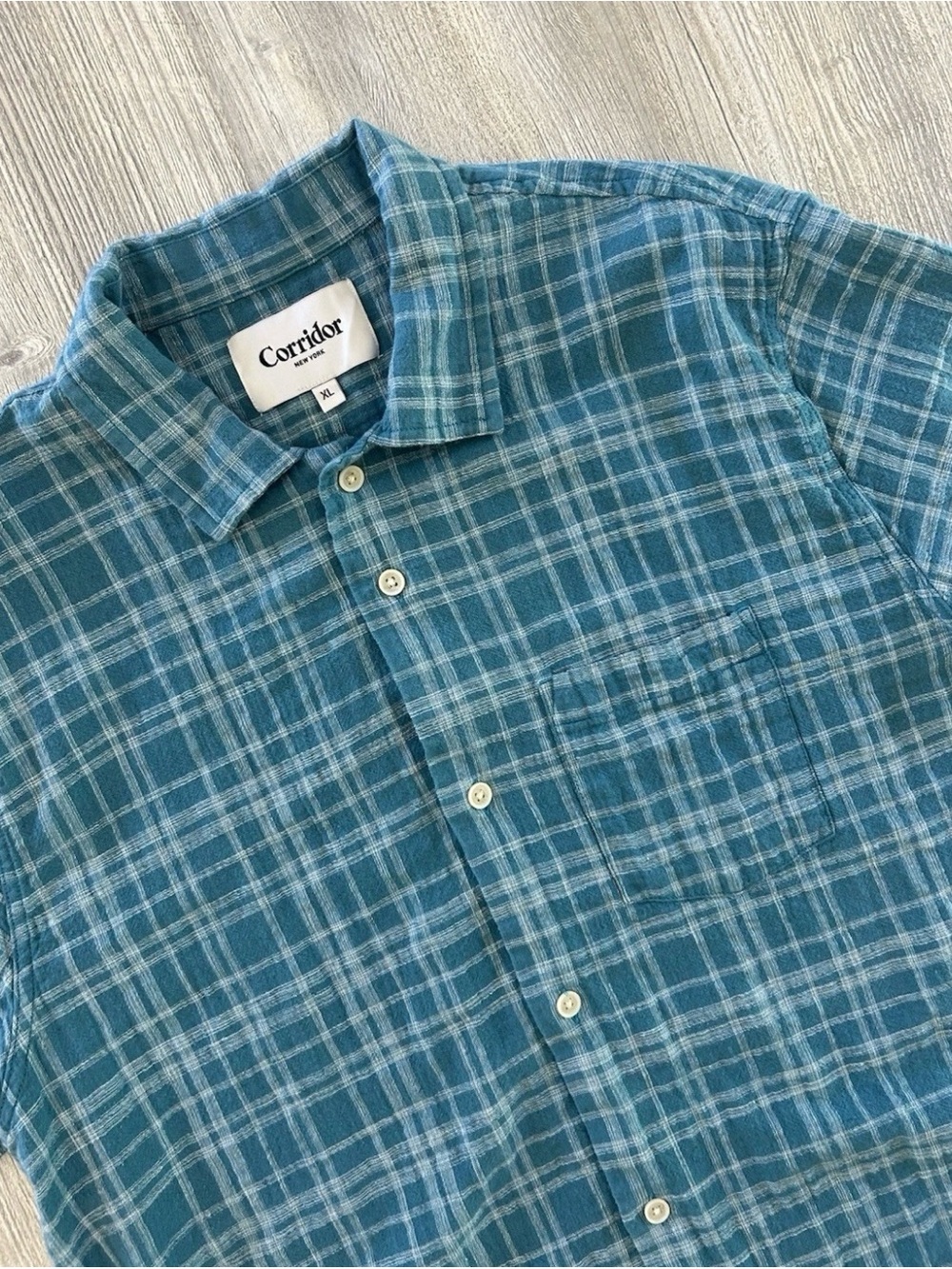 Corridor NYC Camp Collar Checked Cotton & Linen Blend Shirt Teal Blue Size XL